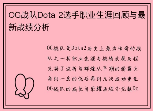 OG战队Dota 2选手职业生涯回顾与最新战绩分析
